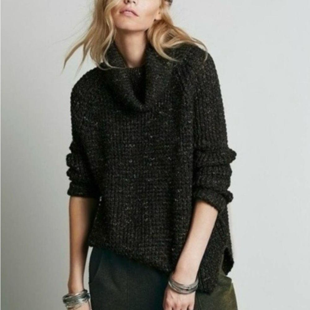 Free People Dylan Tweedy Charcoal Cowl Neck Waffle Knit Sweater